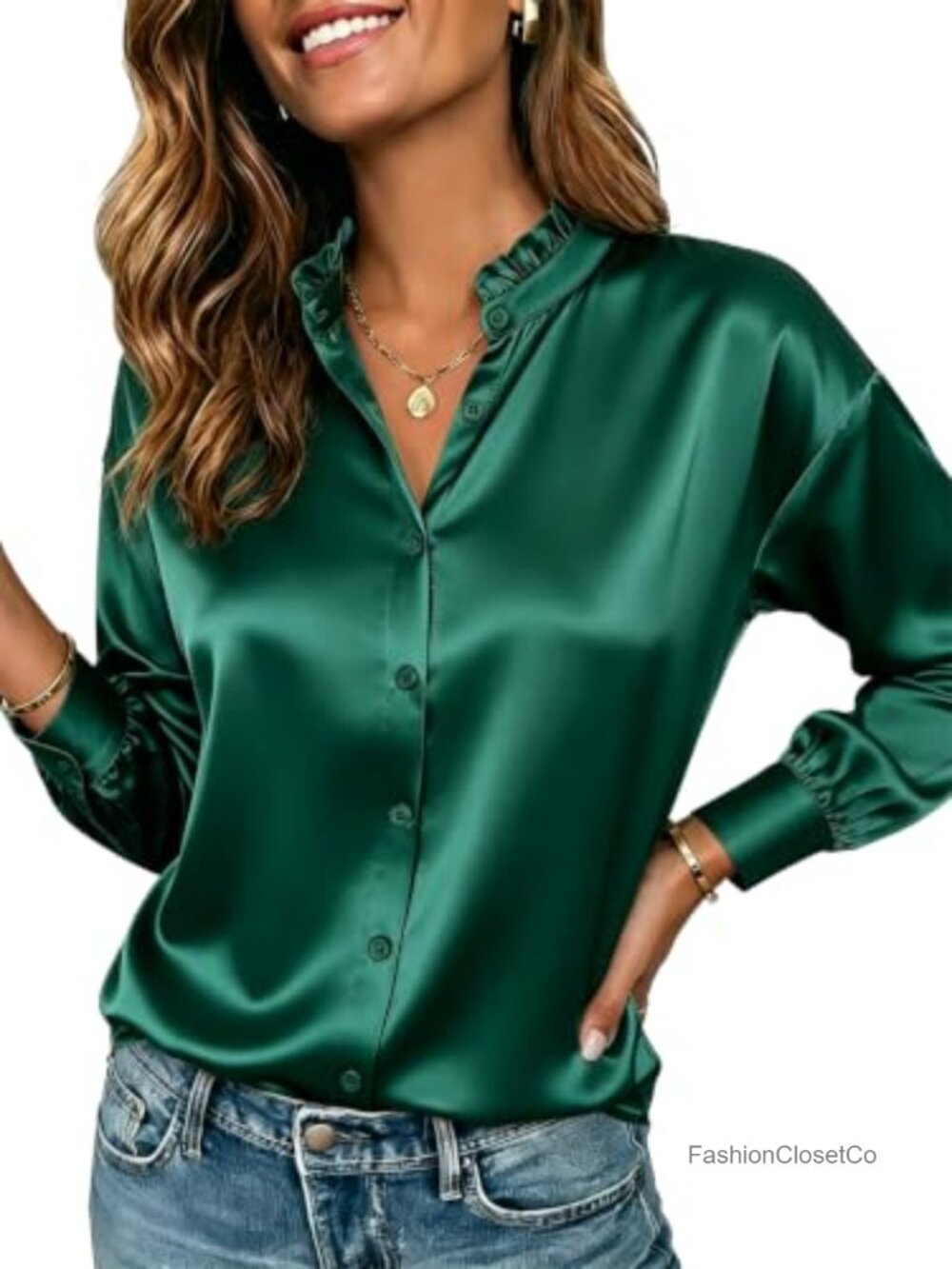 Satin Blouse Ruffle Collar Long Sleeve Button Down Business Casual